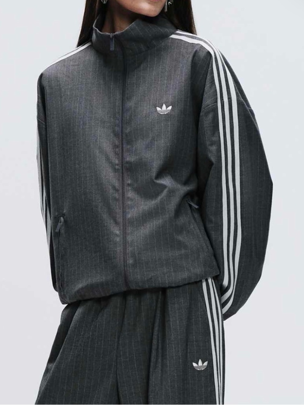 adidas Gray Pinstripe Track Windbreaker with White Stripes